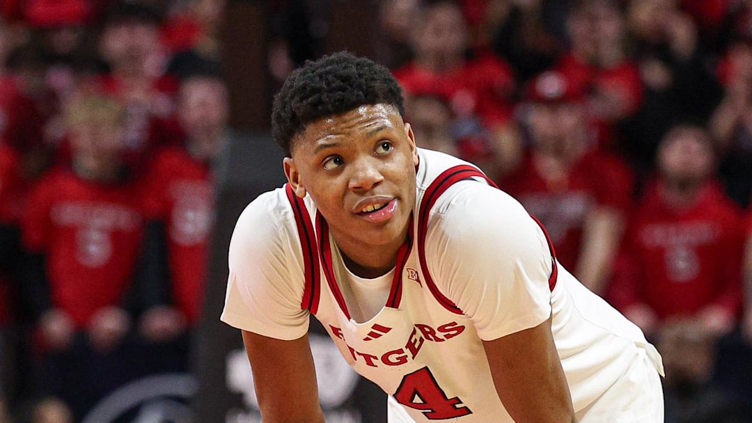Mar 9, 2025; Piscataway, New Jersey, USA; Rutgers Scarlet Knights guard Ace Bailey (4) look up during overtime against the Minnesota Golden Gophers at Jersey Mike's Arena. Mandatory Credit: Vincent Carchietta-Imagn Images