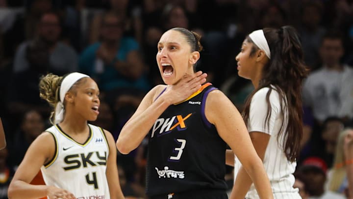 Phoenix Mercury guard Diana Taurasi (3) celebrates after hitting an and-one on Aug. 18, 2024 at Footprint Center in Phoenix.