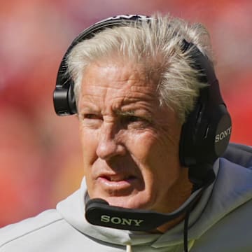 Oct 19, 2025; Kansas City, Missouri, USA; Las Vegas Raiders head coach Pete Carroll reacts during the second half against the Kansas City Chiefs at GEHA Field at Arrowhead Stadium. Mandatory Credit: Jay Biggerstaff-Imagn Images