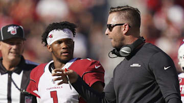 November 17, 2019; Santa Clara, CA, USA; Arizona Cardinals head coach Kliff Kingsbury (right) instructs quarterback Kyler Murray (1) during the first quarter against the San Francisco 49ers at Levi's Stadium. Mandatory Credit: Kyle Terada-Imagn Images