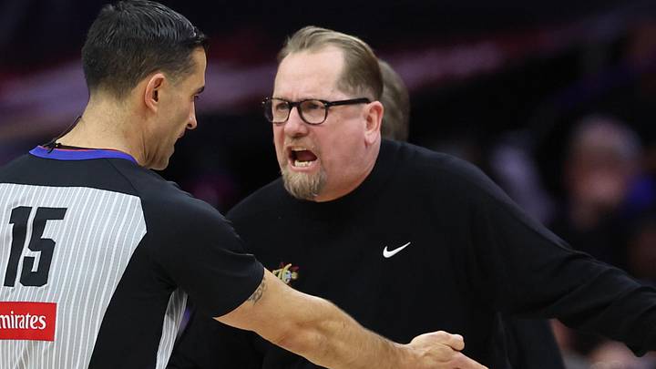 Jan 31, 2026; Philadelphia, Pennsylvania, USA; Philadelphia 76ers head coach Nick Nurse reacts with referee Zach Zarba (15) after a technical foul during the fourth quarter against the New Orleans Pelicans at Xfinity Mobile Arena. Mandatory Credit: Bill Streicher-Imagn Images