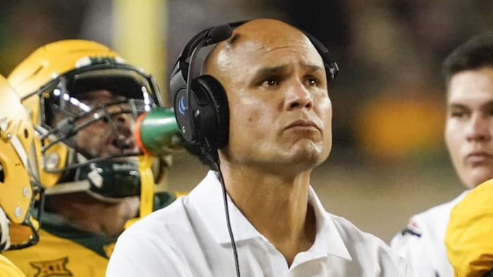 Sep 2, 2023; Waco, Texas, USA; Baylor Bears head coach Dave Aranda on the sidelines during the second half against the Texas State Bobcats at McLane Stadium. Mandatory Credit: Raymond Carlin III-Imagn Images Sep 2, 2023; Waco, Texas, USA; Baylor Bears head coach Dave Aranda on the sidelines during the second half against the Texas State Bobcats at McLane Stadium. Mandatory Credit: Raymond Carlin III-Imagn Images