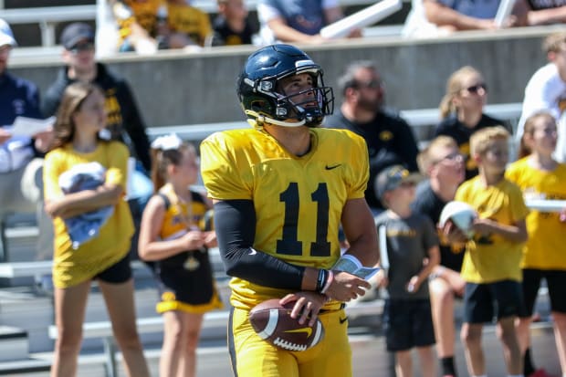 Iowa QB Marco Lainez at practice on Aug. 10, 2024 in Iowa City. (Rob Howe/HN) 