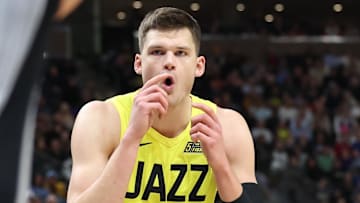 Feb 28, 2023; Salt Lake City, Utah, USA; Utah Jazz center Walker Kessler (24) reacts to play with the San Antonio Spurs in the second half at Vivint Arena. Mandatory Credit: Rob Gray-Imagn Images