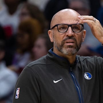 Mar 8, 2023; New Orleans, Louisiana, USA;  Dallas Mavericks head coach Jason Kidd reacts to a technical foul called on guard Luka Doncic (77) against the New Orleans Pelicans during the first half at Smoothie King Center. Mandatory Credit: Stephen Lew-Imagn Images