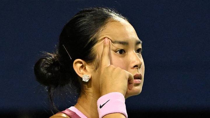 Alexandra Eala reacts after losing a game