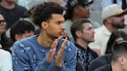 Mar 12, 2025; San Antonio, Texas, USA; San Antonio Spurs center Victor Wembanyama (1) looks on in the second half against the Dallas Mavericks at Frost Bank Center.