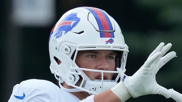 Bills defensive back Cole Bishop eyes in a pass during the final day of Buffalo Bills training camp at St. John Fisher University Friday, August 7, 2026 in Pittsford.