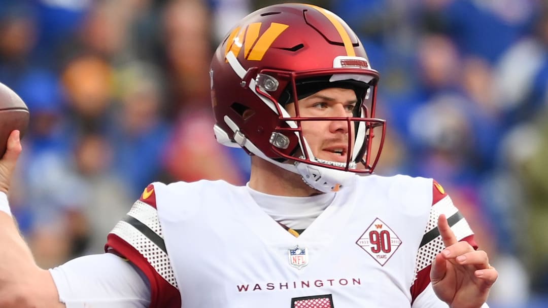 Washington Commanders quarterback Taylor Heinicke (4) Mandatory Credit: Rich Barnes-Imagn Images