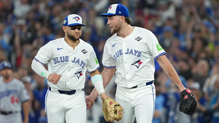 Toronto Blue Jays second baseman Bo Bichette and pitcher Trey Yesavage in 2025 World Series Game 1.