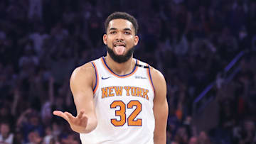 May 10, 2025; New York, New York, USA; New York Knicks center Karl-Anthony Towns (32) celebrates after scoring in the first quarter during game three of the second round for the 2025 NBA Playoffs against the Boston Celtics at Madison Square Garden. Mandatory Credit: Wendell Cruz-Imagn Images