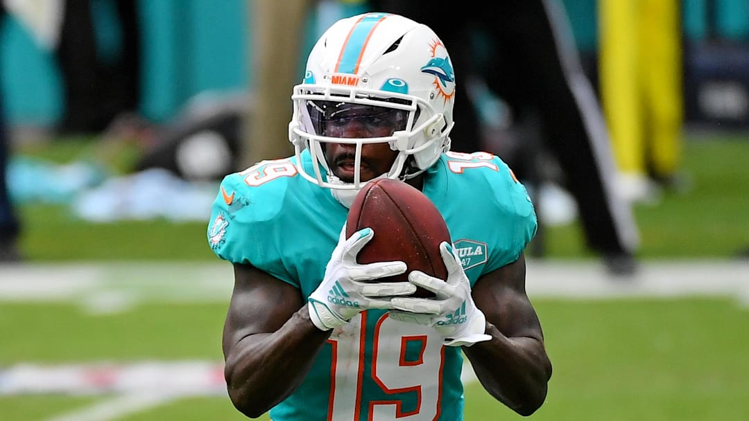 Dec 6, 2020; Miami Gardens, Florida, USA; Miami Dolphins wide receiver Jakeem Grant (19) runs the ball against the Cincinnati Bengals during the first half at Hard Rock Stadium.