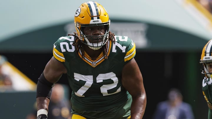 Aug 26, 2023; Green Bay, Wisconsin, USA;  Green Bay Packers offensive tackle Caleb Jones (72) during the game against the Seattle Seahawks at Lambeau Field.