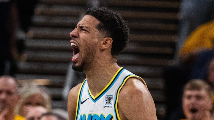 Indiana Pacers guard Tyrese Haliburton (0) reacts during a time out during game five of the first round for the 2024 NBA Playoffs. 