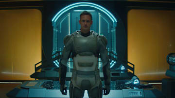 Alexander Skarsgård in "Murderbot," now streaming on Apple TV+.