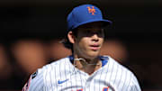 Sep 18, 2025; New York City, New York, USA; New York Mets starting pitcher Jonah Tong (21) reacts during the third inning against the San Diego Padres at Citi Field. Mandatory Credit: Brad Penner-Imagn Images