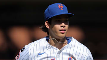 Sep 18, 2025; New York City, New York, USA; New York Mets starting pitcher Jonah Tong (21) reacts during the third inning against the San Diego Padres at Citi Field. Mandatory Credit: Brad Penner-Imagn Images