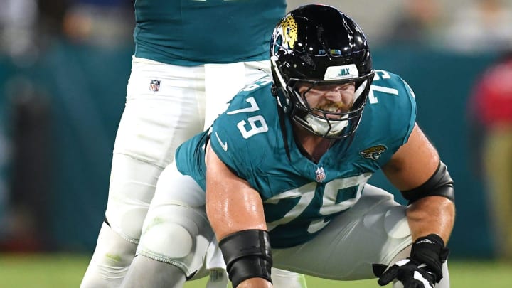 Jacksonville Jaguars quarterback Mac Jones (10) gives instructions to the offensive line while lined up behind center Luke Fortner (79) during early second quarter action. The Jacksonville Jaguars hosted the Tampa Bay Buccaneers at EverBank Stadium for the Jaguars second preseason game of the season Saturday, August 17, 2024. [Bob Self/Florida Times-Union]