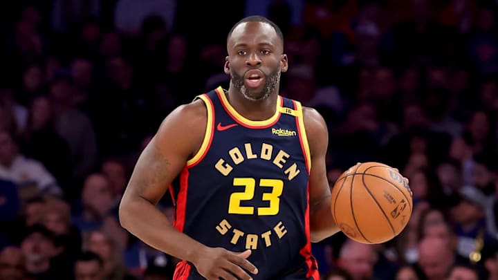 Mar 4, 2025; New York, New York, USA; Golden State Warriors forward Draymond Green (23) brings the ball up court against the New York Knicks during the second quarter at Madison Square Garden. Mandatory Credit: Brad Penner-Imagn Images