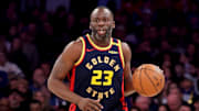 Mar 4, 2025; New York, New York, USA; Golden State Warriors forward Draymond Green (23) brings the ball up court against the New York Knicks during the second quarter at Madison Square Garden. Mandatory Credit: Brad Penner-Imagn Images