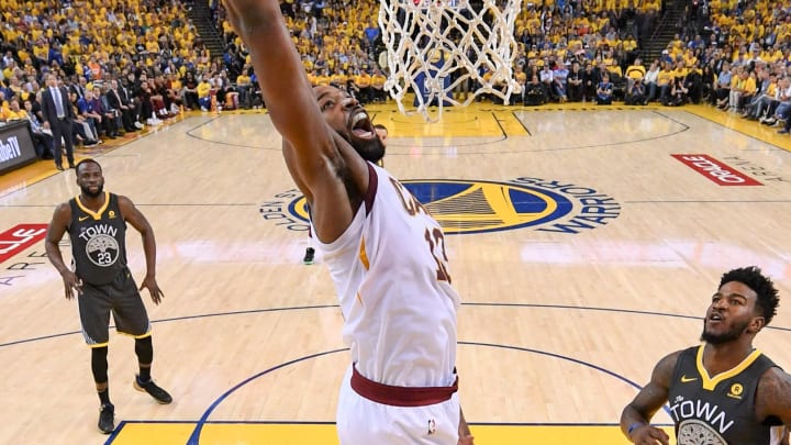 June 3, 2018; Oakland, CA, USA; Cleveland Cavaliers center Tristan Thompson (13) dunks the basketball during the third quarter in game two of the 2018 NBA Finals against the Golden State Warriors at Oracle Arena. The Warriors defeated the Cavaliers 122-103 for a 2-0 lead in the series. Mandatory Credit: Kyle Terada-USA TODAY Sports