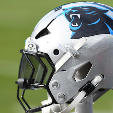 Dec 8, 2024; Philadelphia, Pennsylvania, USA; Carolina Panthers helmet rests on the bench against the Philadelphia Eagles at Lincoln Financial Field. 