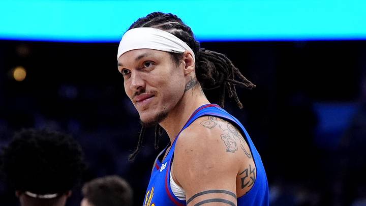 Mar 11, 2026; Denver, Colorado, USA; Denver Nuggets forward Aaron Gordon (32) reacts to a offensive foul called on the Houston Rockets during the second quarter at Ball Arena. Mandatory Credit: Ron Chenoy-Imagn Images