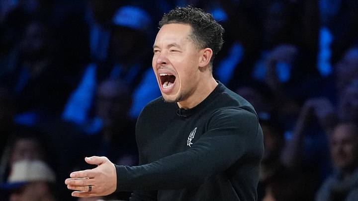 Dec 16, 2025; Las Vegas, Nevada, USA; San Antonio Spurs head coach Mitch Johnson reacts against the New York Knicks during the Emirates NBA Cup Final at T-Mobile Arena. Mandatory Credit: Kirby Lee-Imagn Images