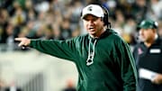 Michigan State's head coach Jonathan Smith calls out to a referee in the second quarter in the game against Iowa on Saturday, Oct. 19, 2024, at Spartan Stadium in East Lansing.