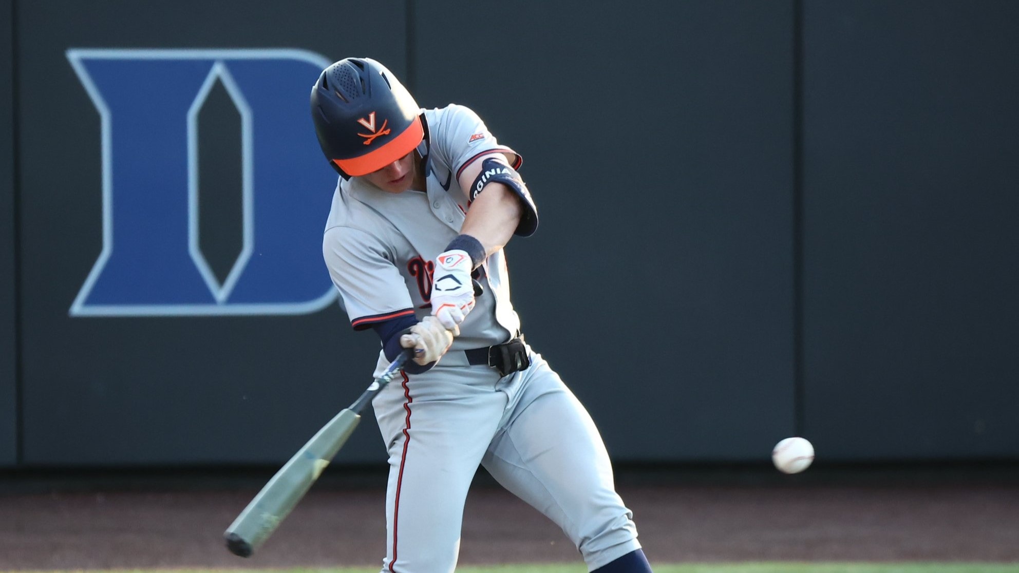 Griff O'Ferrall swings at a pitch during the Virginia baseball game at Duke.