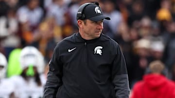 Nov 1, 2025; Minneapolis, Minnesota, USA; Michigan State Spartans head coach Jonathan Smith looks on during the first half against the Minnesota Golden Gophers at Huntington Bank Stadium. Mandatory Credit: Matt Krohn-Imagn Images