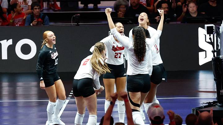 Aug 27, 2026; Arlington, TX, USA; Nebraska Cornhuskers players celebrate a point during their volleyball match against the Florida Gators at AT&T Stadium. Mandatory Credit: Chris Jones-Imagn Images Aug 27, 2026; Arlington, TX, USA; Nebraska Cornhuskers players celebrate a point during their volleyball match against the Florida Gators at AT&T Stadium. Mandatory Credit: Chris Jones-Imagn Images