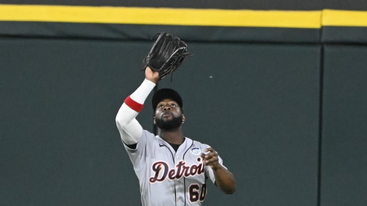 Detroit Tigers right fielder Akil Baddoo (60) catches a fly ball against the Chicago White Sox.