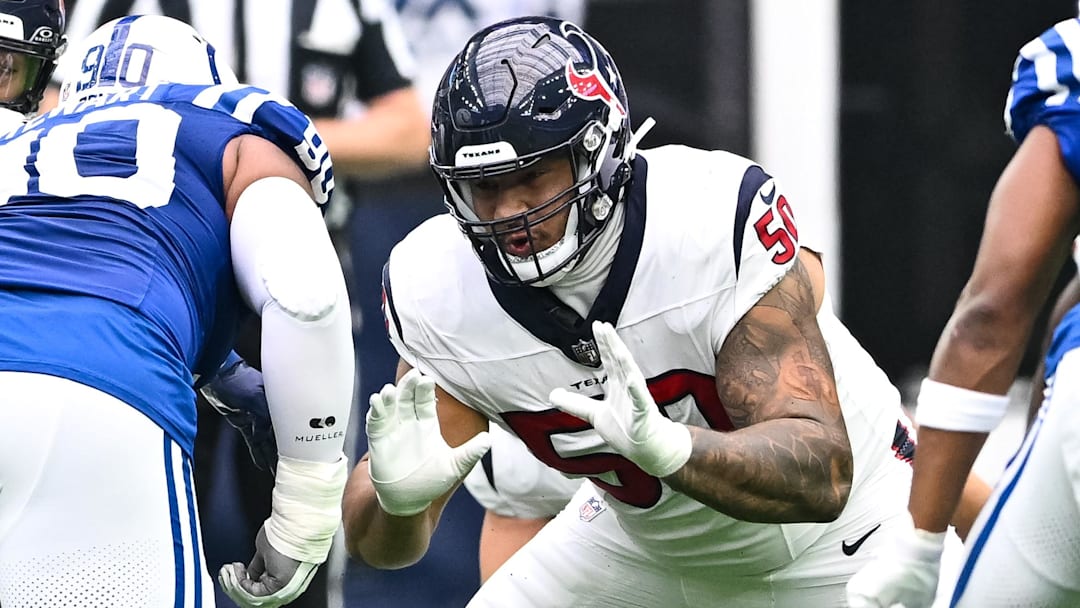 Sep 17, 2023; Houston, Texas, USA; Houston Texans guard Kendrick Green (50) in action during the first quarter against the Indianapolis Colts at NRG Stadium.
