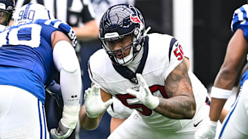 Sep 17, 2023; Houston, Texas, USA; Houston Texans guard Kendrick Green (50) in action during the first quarter against the Indianapolis Colts at NRG Stadium.
