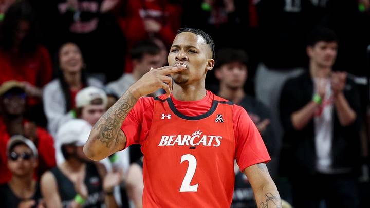 Mar 5, 2023; Cincinnati, Ohio, USA;  Cincinnati Bearcats guard Landers Nolley II (2) gestures after making a three-point basket against the Southern Methodist Mustangs in the first half at Fifth Third Arena. Mandatory Credit: Aaron Doster-USA TODAY Sports