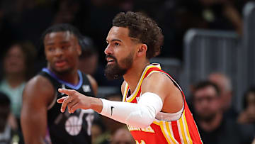 Trae Young #11 of the Atlanta Hawks reacts against the Utah Jazz.