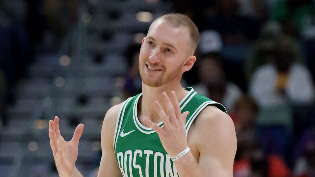 Oct 27, 2025; New Orleans, Louisiana, USA; Boston Celtics forward Sam Hauser (30) reacts after making a three point basket against the New Orleans Pelicans during the second half at Smoothie King Center. Mandatory Credit: Matthew Hinton-Imagn Images