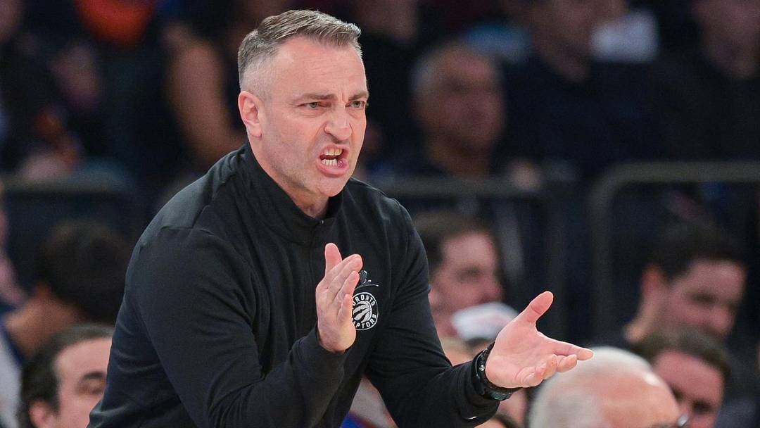 Apr 10, 2026; New York, New York, USA; Toronto Raptors head coach Darko Rajakovic reacts during the first quarter against the New York Knicks at Madison Square Garden. Mandatory Credit: Vincent Carchietta-Imagn Images Apr 10, 2026; New York, New York, USA; Toronto Raptors head coach Darko Rajakovic reacts during the first quarter against the New York Knicks at Madison Square Garden. Mandatory Credit: Vincent Carchietta-Imagn Images