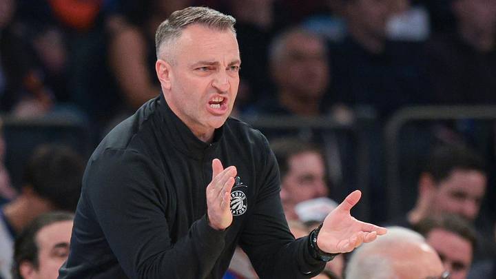 Apr 10, 2026; New York, New York, USA; Toronto Raptors head coach Darko Rajakovic reacts during the first quarter against the New York Knicks at Madison Square Garden. Mandatory Credit: Vincent Carchietta-Imagn Images 