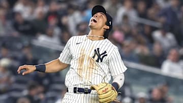 May 6, 2025; Bronx, New York, USA;  New York Yankees third baseman Oswaldo Cabrera (95) calls off the infield in the fifth inning against the San Diego Padres at Yankee Stadium. Mandatory Credit: Wendell Cruz-Imagn Images