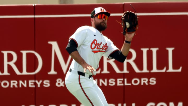 Mar 12, 2024; Sarasota, Florida, USA; Baltimore Orioles center fielder Colton Cowser (17) catches a