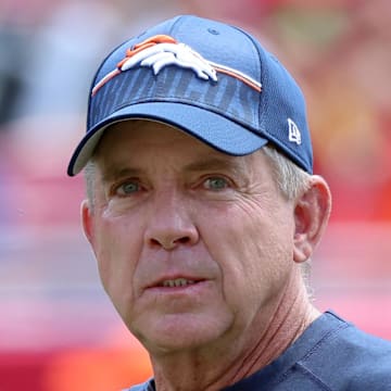 Sep 22, 2024; Tampa, Florida, USA; Denver Broncos head coach Sean Payton walks on the field prior to the game against the Tampa Bay Buccaneers at Raymond James Stadium. Mandatory Credit: Kim Klement Neitzel-Imagn Images