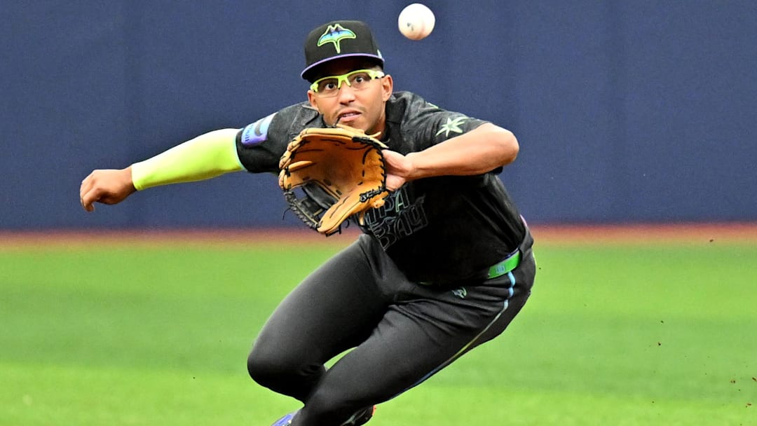 Apr 25, 2026; St. Petersburg, Florida, USA; Tampa Bay Rays second baseman Richie Palacios (1) fields a line drive in the second inning against the Minnesota Twins at Tropicana Field. Apr 25, 2026; St. Petersburg, Florida, USA; Tampa Bay Rays second baseman Richie Palacios (1) fields a line drive in the second inning against the Minnesota Twins at Tropicana Field.