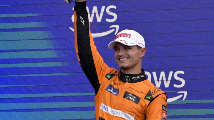 Jun 9, 2024; Montreal, Quebec, CAN;  McLaren driver Lando Norris (GBR) reacts after getting second place in the Canadian Grand Prix at Circuit Gilles Villeneuve. Mandatory Credit: Eric Bolte-USA TODAY Sports