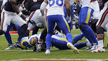 Sep 29, 2024; Chicago, Illinois, USA; Los Angeles Rams running back Kyren Williams (23) scores a touchdown  against the Chicago Bears during the second half at Soldier Field. Mandatory Credit: David Banks-Imagn Images