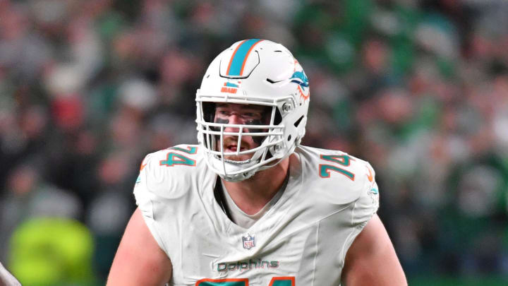 Oct 22, 2023; Philadelphia, Pennsylvania, USA; Miami Dolphins offensive tackle Liam Eichenberg (74) against the Philadelphia Eagles at Lincoln Financial Field.