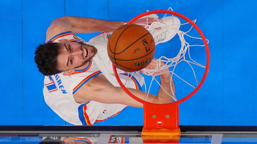 Jun 5, 2025; Oklahoma City, Oklahoma, USA; Oklahoma City Thunder forward Chet Holmgren (7) dunks against the Indiana Pacers during the second half of game one of the 2025 NBA Finals at Paycom Center. Mandatory Credit: Julio Cortez-Pool Photo via Imagn Images