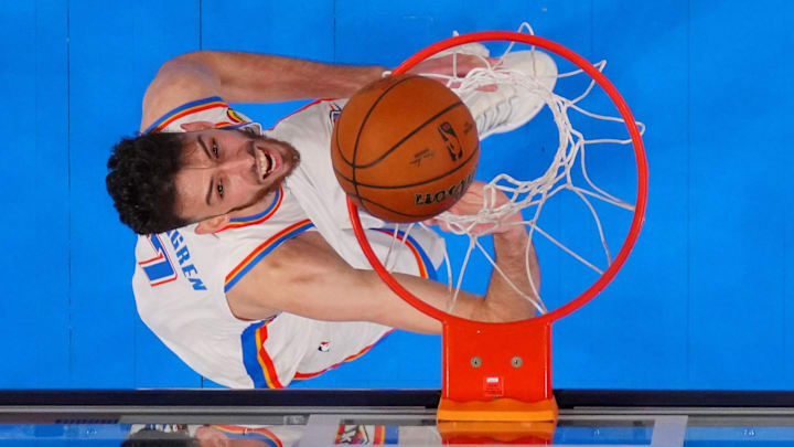 Jun 5, 2025; Oklahoma City, Oklahoma, USA; Oklahoma City Thunder forward Chet Holmgren (7) dunks against the Indiana Pacers during the second half of game one of the 2025 NBA Finals at Paycom Center. Mandatory Credit: Julio Cortez-Pool Photo via Imagn Images