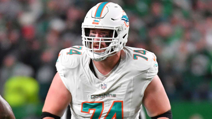 Miami Dolphins offensive tackle Liam Eichenberg (74) against the Philadelphia Eagles at Lincoln Financial Field last season.